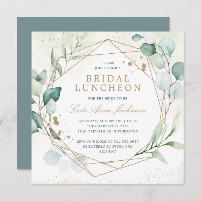 Eukalyptus Greenery Gold Geometric Bridal Luncheon Einladung (Vorne/Hinten)