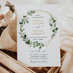 Eukalyptus Greenery Gold Geometric Frame Wedding Einladung<br><div class="desc">Diese elegante und individuell gestaltbare Einladung zum Hochzeitsfeiern ist mit einem geometrischen goldenen Rahmen, der mit moody Aquarellfarben eucalyptus-Blätter verziert ist, ausgestattet und wurde mit einer kalligraphischen Kalligraphie und einem klassischen Schriftart in Gold und Grau gepaart. Um erweiterte Änderungen vorzunehmen, wählen Sie bitte unter Personalisieren dieser Vorlage die Option "Klicken...</div>