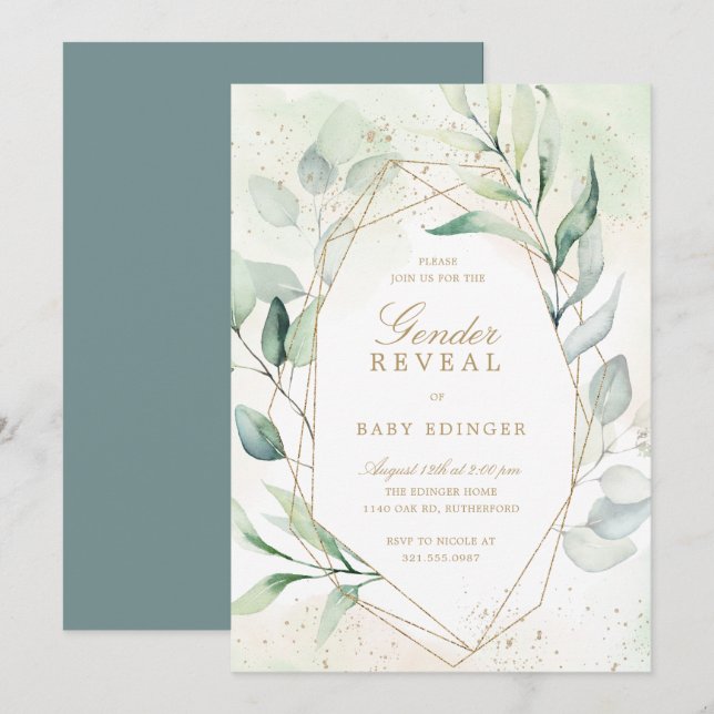 Eukalyptus Greenery Gold Geometric Gender Reveal Einladung (Vorne/Hinten)