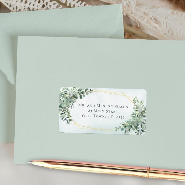 Eukalyptus Greenery Gold Geometric Wedding Address Adressaufkleber (Von Creator hochgeladen)