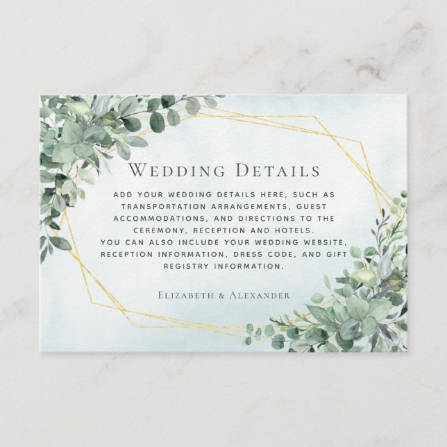 Eukalyptus Greenery Gold Geometric Wedding Details Begleitkarte (Vorderseite)