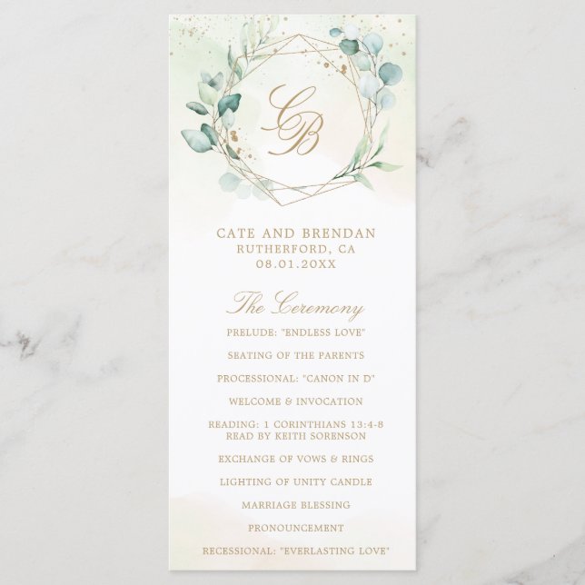 Eukalyptus Greenery Gold Geometric Wedding Programm (Vorderseite)