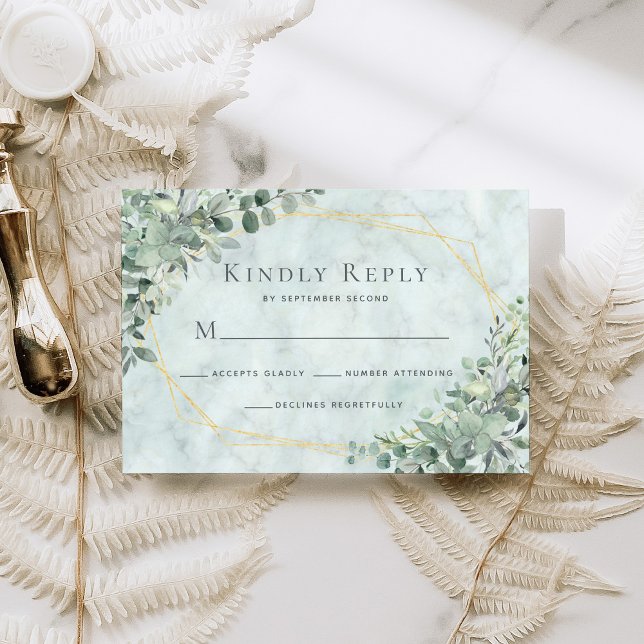 Eukalyptus Greenery Gold Geometric Wedding RSVP Karte (Von Creator hochgeladen)