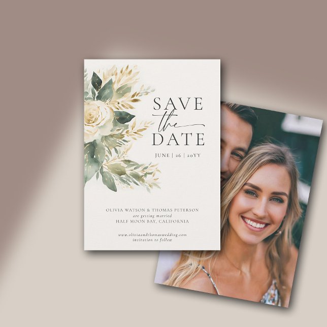 Eukalyptus Greenery Gold Green Elegante Hochzeit Save The Date (eucalyptus wedding photo save the date white green gold watercolor modern classic elegant chic class)