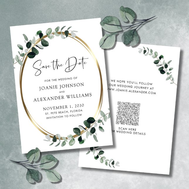 Eukalyptus Greenery Gold Metallic Save the Date (Eucalyptus Greenery QR Code Gold Metallic Wedding Save the Date)