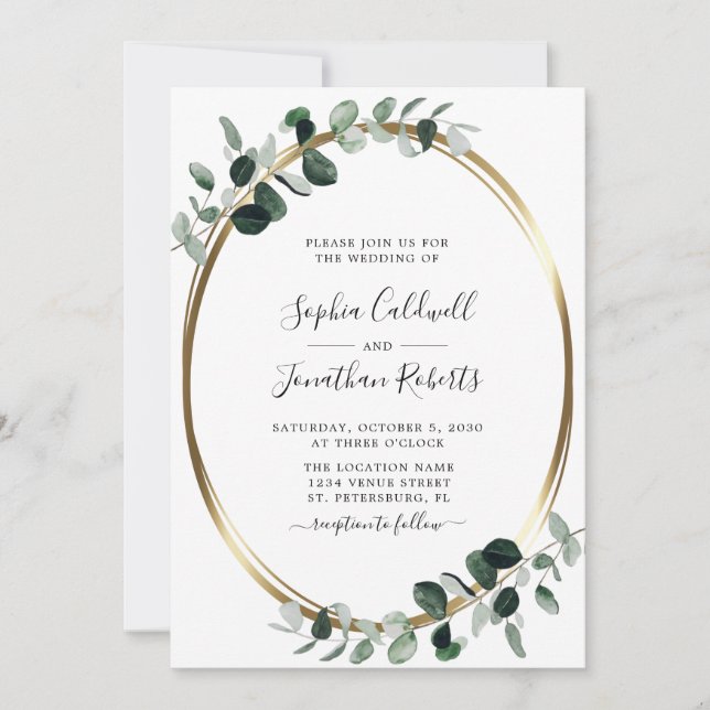 Eukalyptus Greenery Gold Metallic Wedding Einladung (Vorderseite)