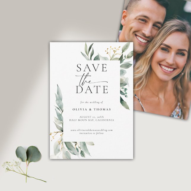 Eukalyptus Greenery Gold Moderne Kunst, Dichtung u Save The Date (modern simple wedding save the date typography calligraphy eucalyptus greenery elegant frame)