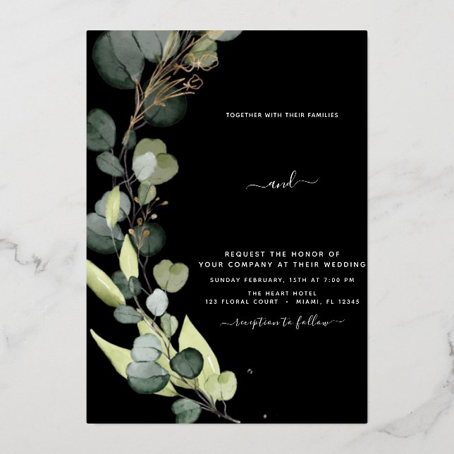 Eukalyptus Greenery Gold Wedding Foil Einladung (Vorderseite)
