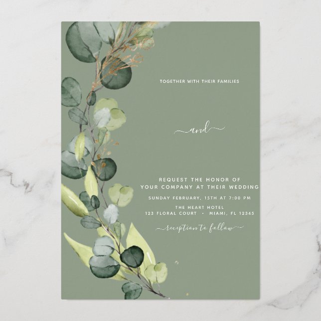 Eukalyptus Greenery Gold Wedding Foil Einladung (Vorderseite)