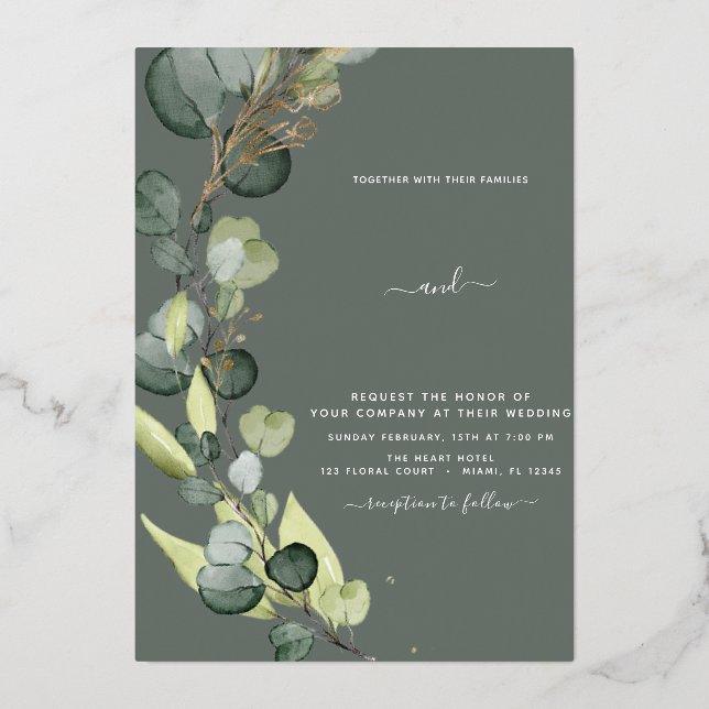 Eukalyptus Greenery Gold Wedding Foil Einladung (Vorderseite)