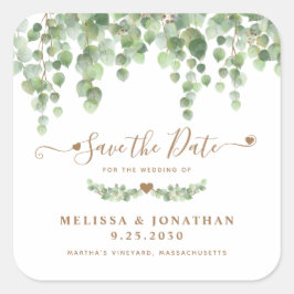 Eukalyptus Greenery Gold Wedding Save the Date Quadratischer Aufkleber
