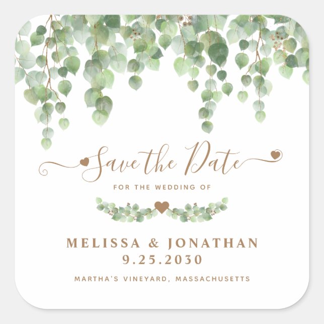 Eukalyptus Greenery Gold Wedding Save the Date Quadratischer Aufkleber (Vorderseite)