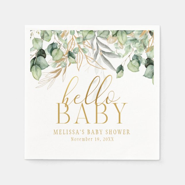 Eukalyptus Greenery Green Leaf & Gold Hello Baby Serviette (Vorderseite)