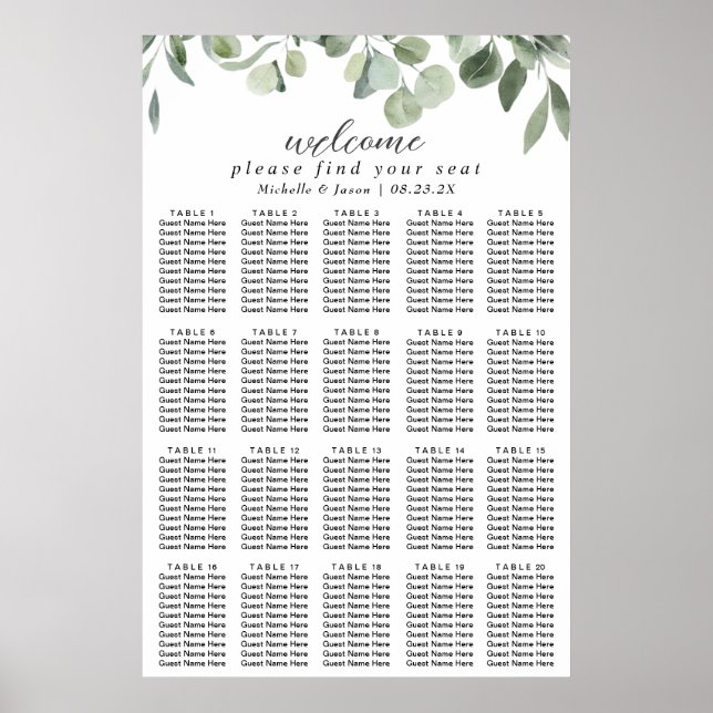 Eukalyptus Greenery Hochzeitssitzkarte 20 Tabelle Poster (Vorne)
