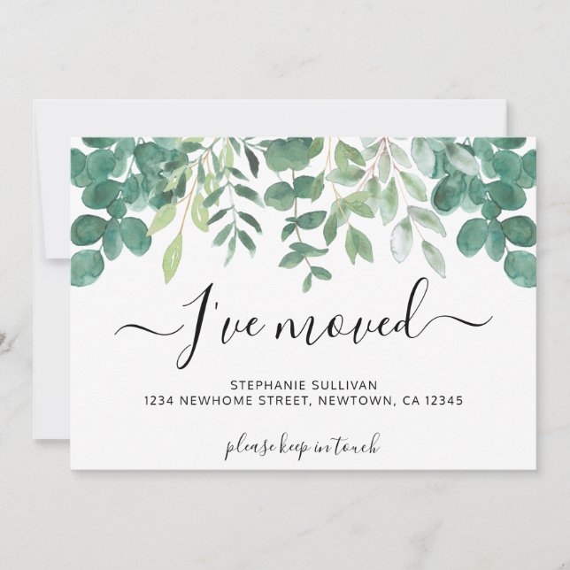 Eukalyptus Greenery Ich habe mich bewegt Ankündigung (Vorderseite)