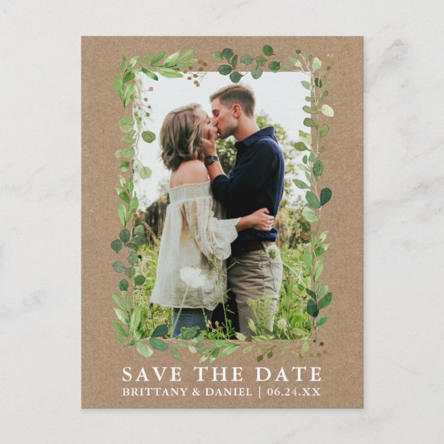 Eukalyptus Greenery Kraft Save the Date Postkarte (Vorderseite)