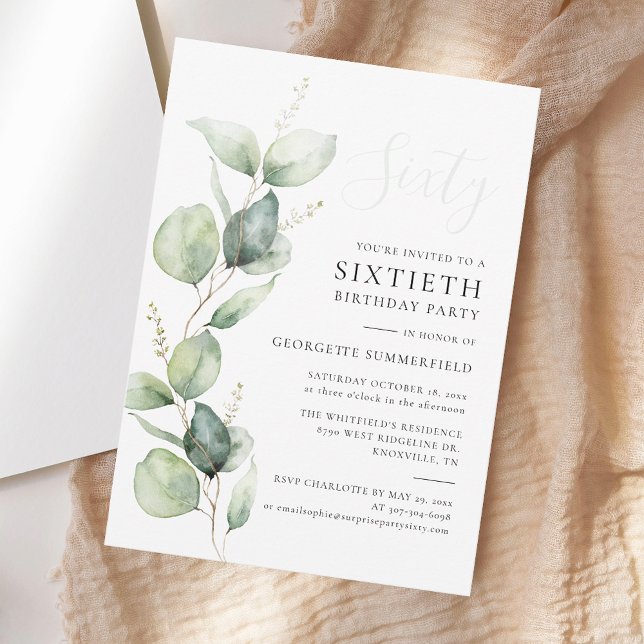 Eukalyptus Greenery Minimalistisch 60. Geburtstag Einladung (Eucalyptus Minimalist Modern 60th Birthday Party Invitation)