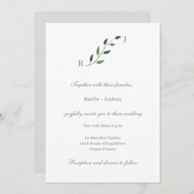 Eukalyptus Greenery Minimalistisch White Gray Wedd Einladung (Vorne/Hinten)