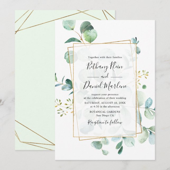 Eukalyptus Greenery mit geometrischem Rahmen Weddi Einladung (Vorne/Hinten)