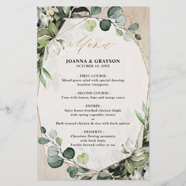 Eukalyptus Greenery Modern Geometric Wedding Menu (Vorderseite)