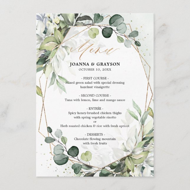 Eukalyptus Greenery Modern Geometric Wedding Menu Menükarte (Vorderseite)