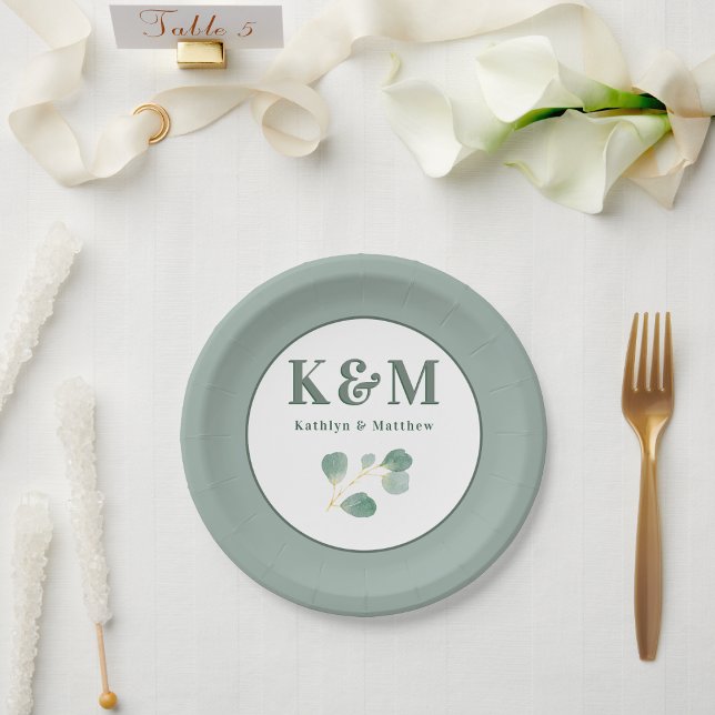 Eukalyptus Greenery Modern Wedding Monogram Pappteller (Von Creator hochgeladen)