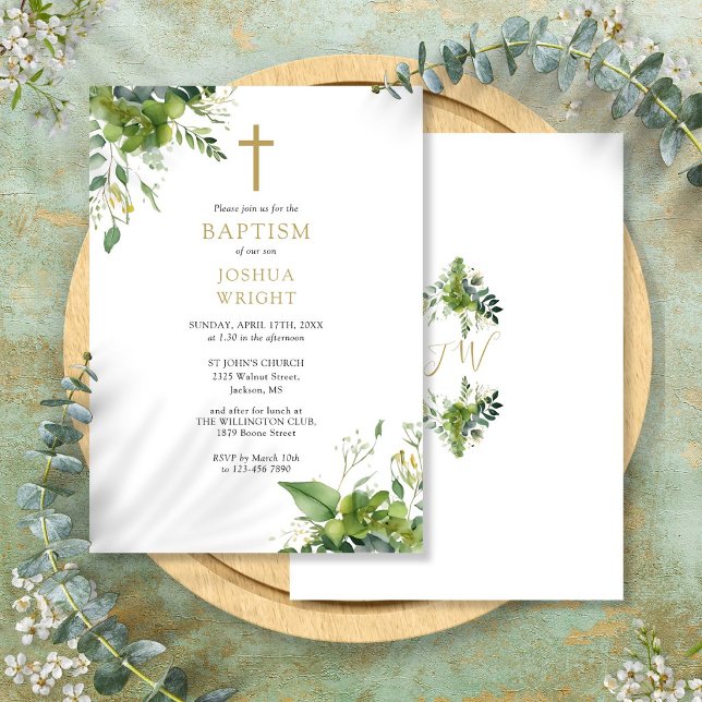 Eukalyptus Greenery Monogram Baptisse Christening Einladung (Eucalyptus Greenery Monogram Baptism Christening Invitation)
