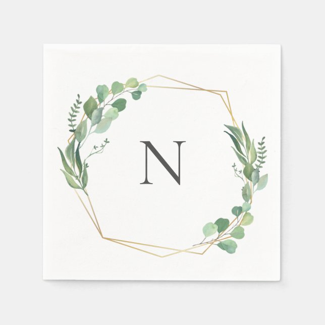 Eukalyptus Greenery Monogram Gold Frame Wedding Serviette (Vorderseite)