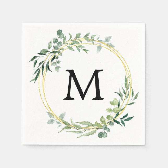 Eukalyptus Greenery Monogram Gold Green Wedding Serviette (Vorderseite)