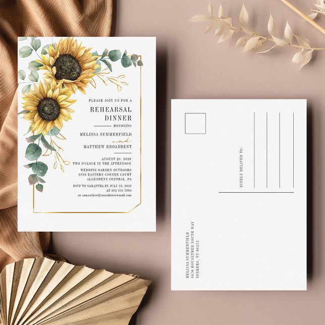Eukalyptus Greenery Probe Abendessen Einladungspostkarte (Sunflower Floral Wedding Rehearsal Dinner Invitation Postcard)
