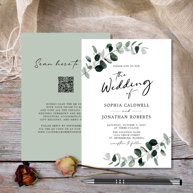 Eukalyptus Greenery QR Code Calligraphy Wedding Einladung (Wedding Invitation Eucalyptus Greenery QR Code RSVP White and Sage)