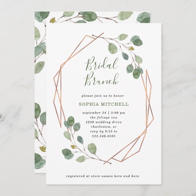 Eukalyptus Greenery | Rose Gold Geo Bridal Brunch Einladung (Vorne/Hinten)