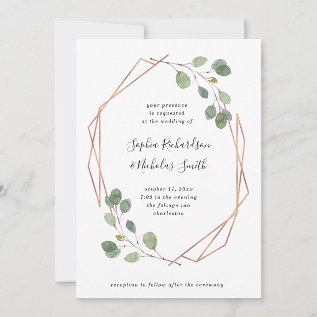Eukalyptus Greenery | Rose Gold Geometric Wedding Einladung (Vorderseite)