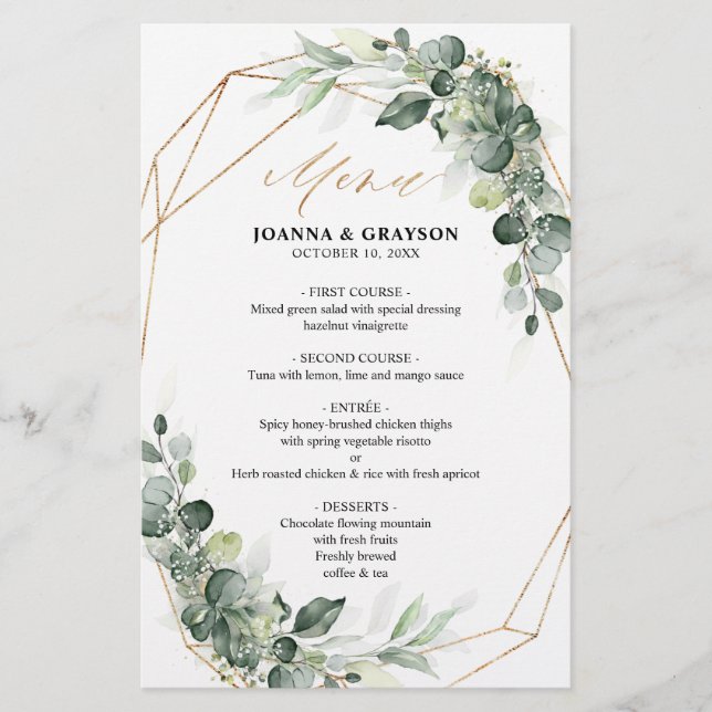 Eukalyptus Greenery Rustic Geometric Wedding Menu (Vorderseite)