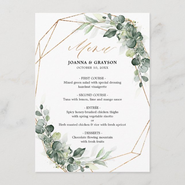 Eukalyptus Greenery Rustic Geometric Wedding Menu Menükarte (Vorderseite)