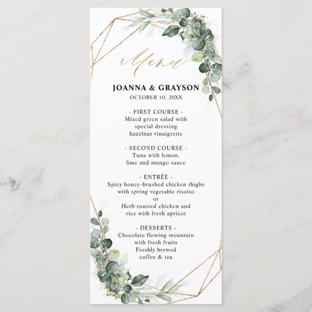 Eukalyptus Greenery Rustic Geometric Wedding Menükarte (Vorderseite)
