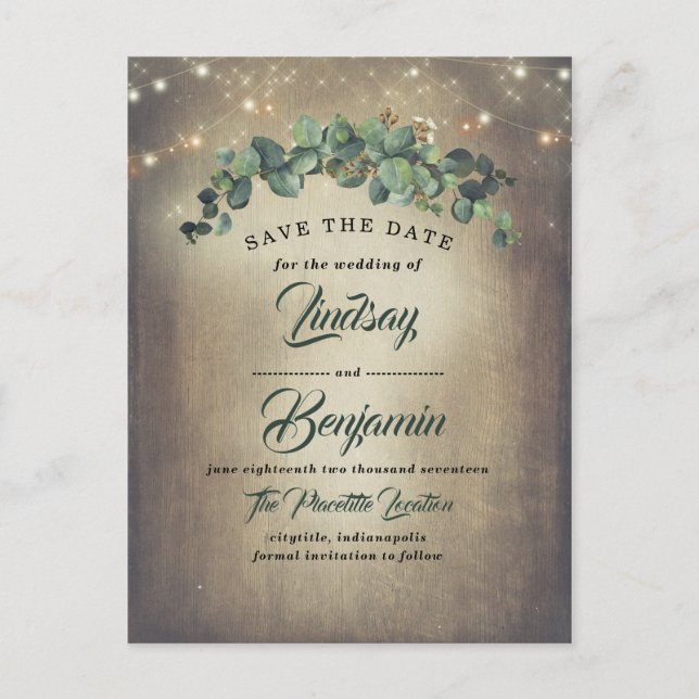 Eukalyptus Greenery Rustic Save the Date Ankündigungspostkarte (Vorderseite)