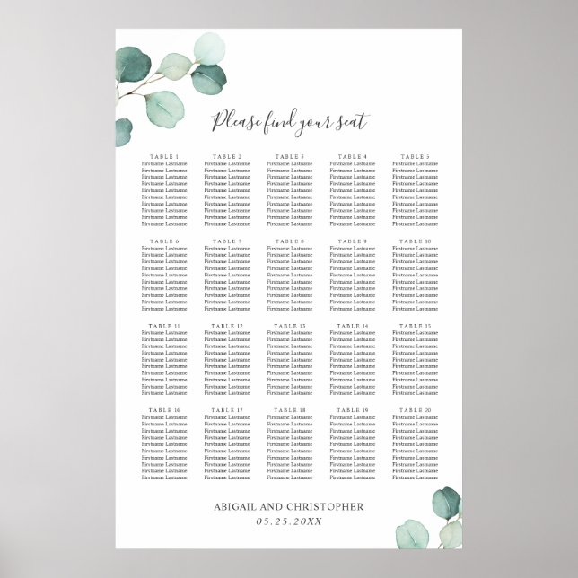 Eukalyptus Greenery Rustic Wedding Seating Chart Poster (Vorne)