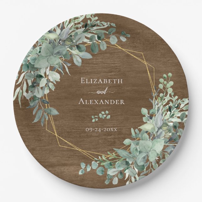 Eukalyptus Greenery Rustic Wood Geometric Wedding Pappteller (Vorderseite)