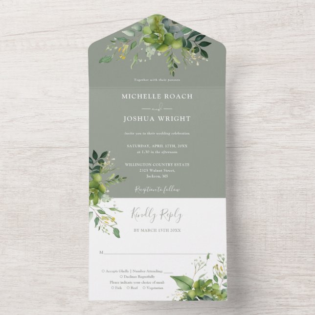 Eukalyptus Greenery Sage Green Monogram Wedding All In One Einladung (Innen Boden)
