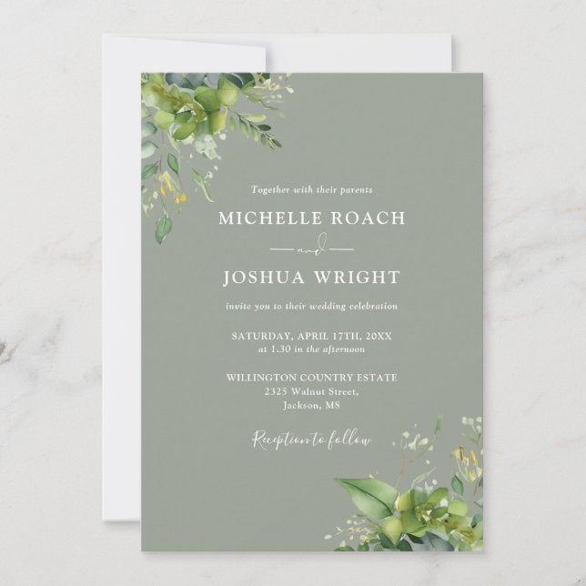 Eukalyptus Greenery Sage Green Monogram Wedding Einladung (Vorderseite)