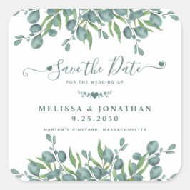 Eukalyptus Greenery Sage Wedding rettet das Datum Quadratischer Aufkleber