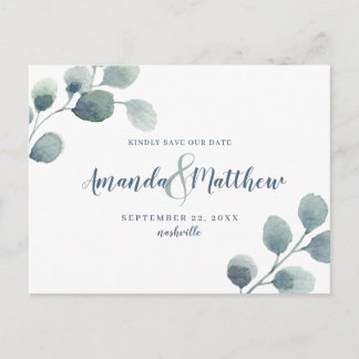 Eukalyptus Greenery Save the Date Blue Watercolor Ankündigungspostkarte