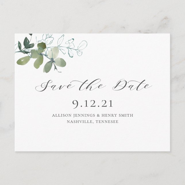 Eukalyptus Greenery Save the Date Wedding Ankündigungspostkarte (Vorderseite)