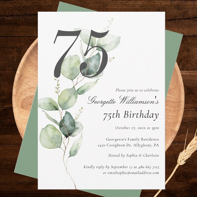 Eukalyptus Greenery Script 75. Geburtstag Einladung (Watercolor Eucalyptus Minimalist 75th Birthday Party Invitation)