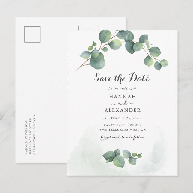 Eukalyptus Greenery Script Botanical Save the Date Ankündigungspostkarte (Vorne/Hinten)
