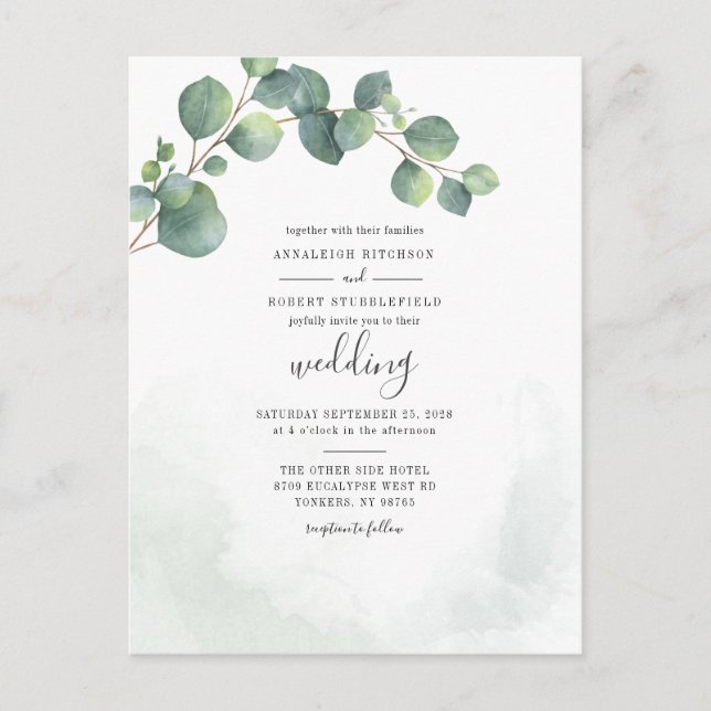 Eukalyptus Greenery Script Botanische Hochzeit Einladungspostkarte (Vorderseite)