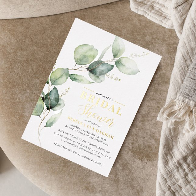 Eukalyptus Greenery Script Brautparty Gold Folieneinladung (Eucalyptus Sage Green Script Bridal Shower Gold Foil Invitation)