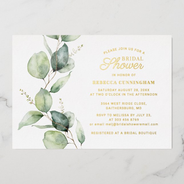 Eukalyptus Greenery Script Brautparty Gold Folieneinladung (Vorderseite)