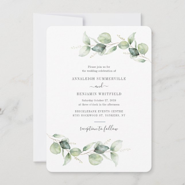 Eukalyptus Greenery Script Minimalistisch Wedding Einladung (Vorderseite)